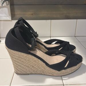 Christian Siriano for Payless Canvas Black Espadrille Wedge Shoes Sandal 9 1/2